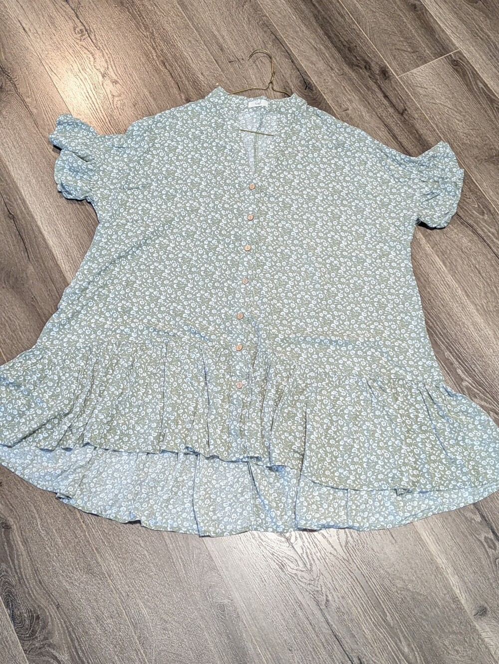 Easel Sage Green Floral Button-Front Short Dress Or Long Tunic. Plus Size.